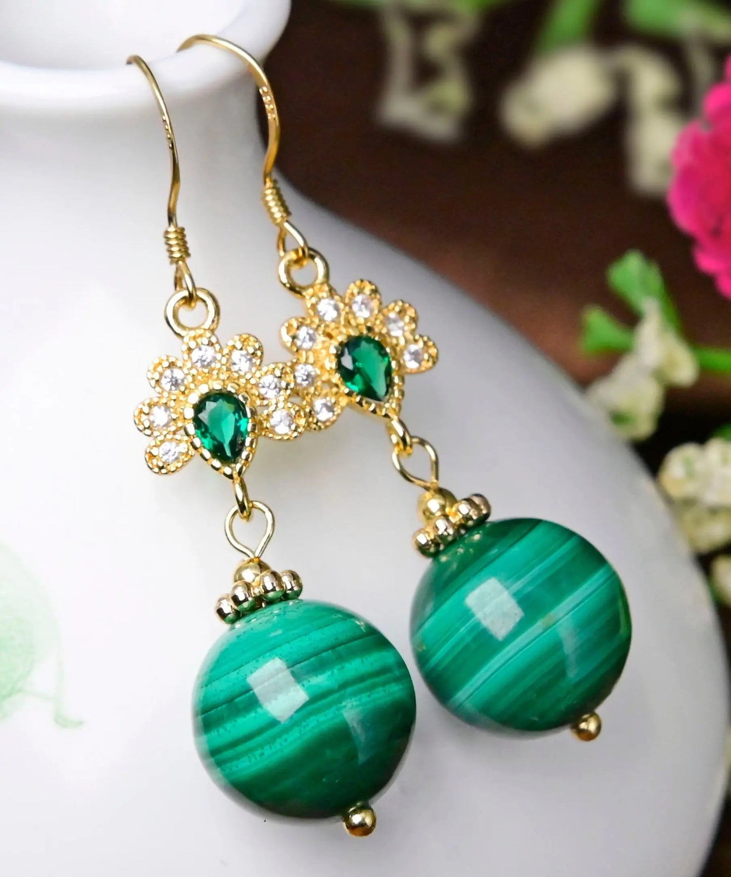 - Sterling Silver Overgild Zircon Malachite Drop Earrings