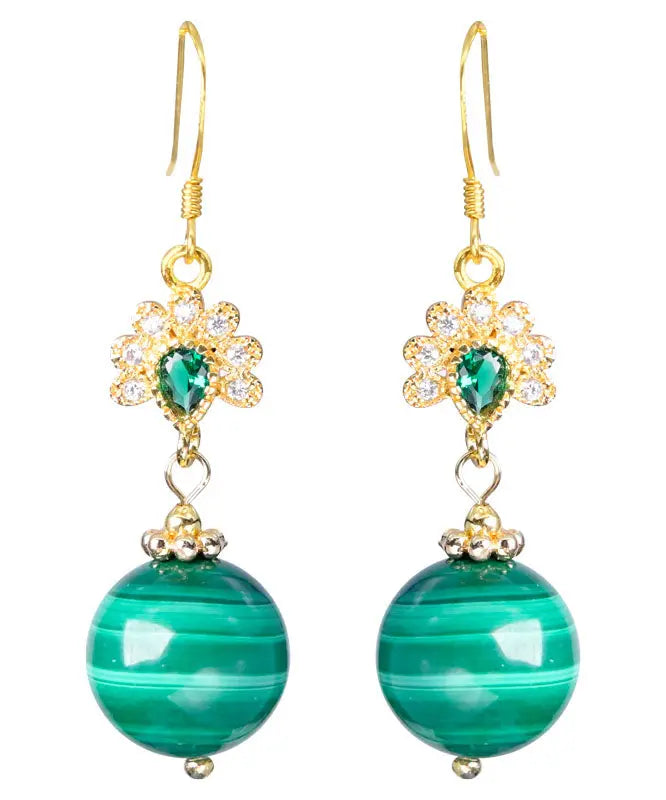 - Sterling Silver Overgild Zircon Malachite Drop Earrings