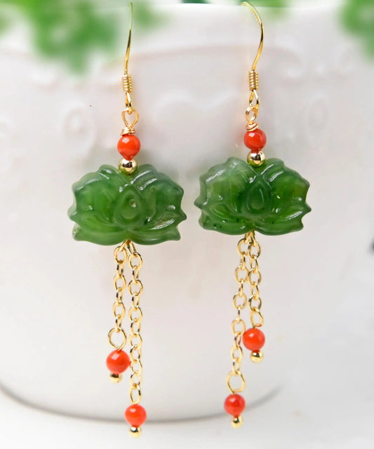 - Sterling Silver Overgild Inlaid Gem Jade Drop Earrings