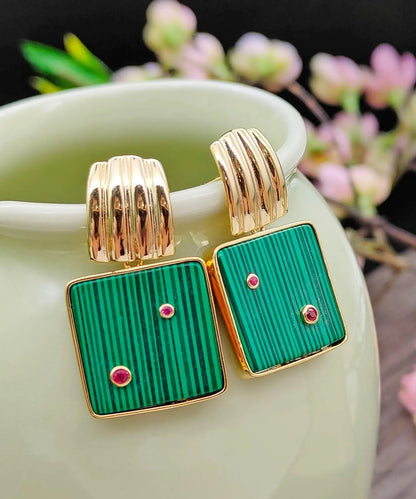 - Sterling Silver Overgild Inlaid Square Malachite Hoop Earrings