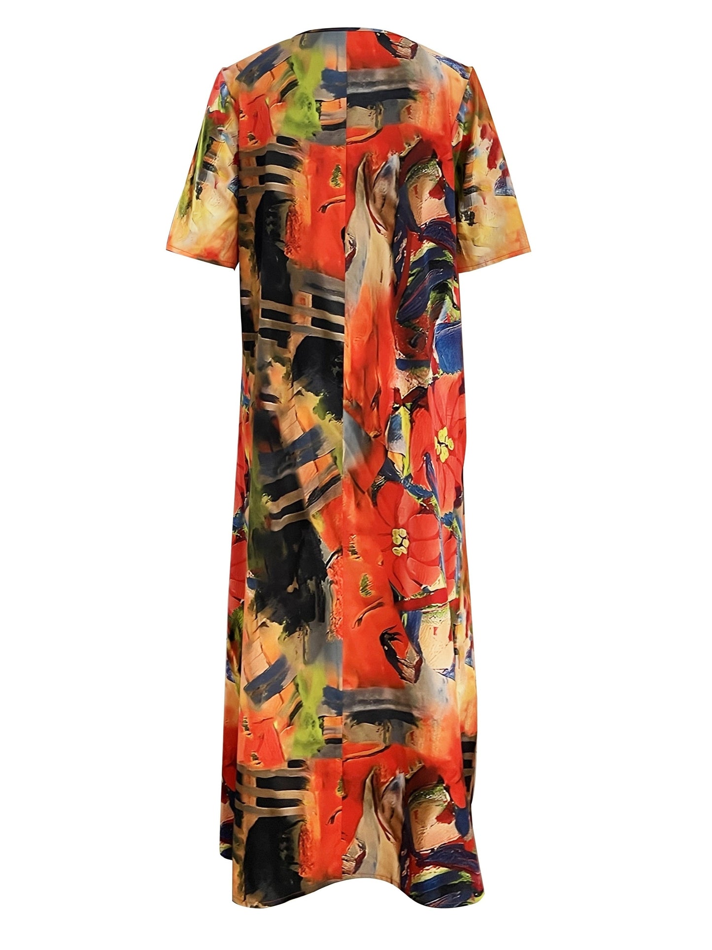 Vibrant Floral Print Crew Neck Tee Dress - Relaxed Fit, Short Sleeve, Flowing Maxi Design for Spring & Summer - Womens Comfortable Casual Clothing