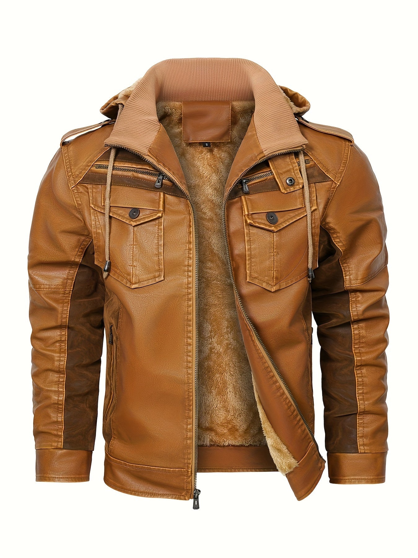 Mens Classic PU Leather Jacket with Fleece Lining - Warm, Water-Resistant, and Stylish for Motorcycle Enthusiasts - Perfect for Fall and Winter Daily Casual Wear