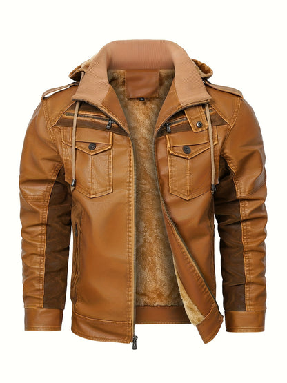 Mens Classic PU Leather Jacket with Fleece Lining - Warm, Water-Resistant, and Stylish for Motorcycle Enthusiasts - Perfect for Fall and Winter Daily Casual Wear