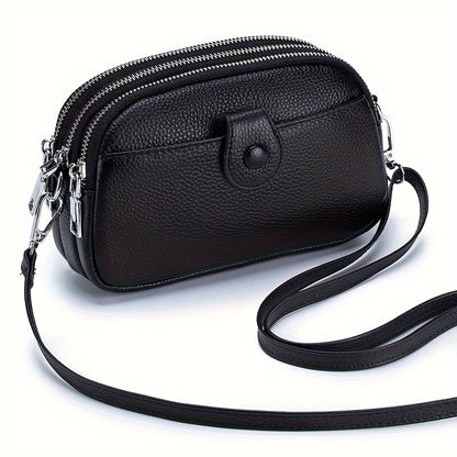 Small Genuine Leather Crossbody Bag for Women - Triple Top Zipper, Adjustable Strap, Polyester Lining, Solid Color, Edge Painted, Stylish and Practical Accessory