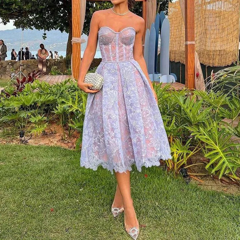 Casual Dresses  Elegant Charming Gowns Female Strapless High Waisted Embroidered Lace Tulle Pastoral Prom Dress Romantic Party Date