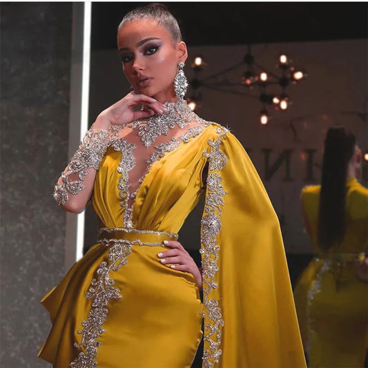 Casual Dresses Gold Party High Neck Beaded Rhinestones Mermaid Prom Gown Cape Long Sleeves Satin Arabic Dubai Yellow size s m l xl 2xl