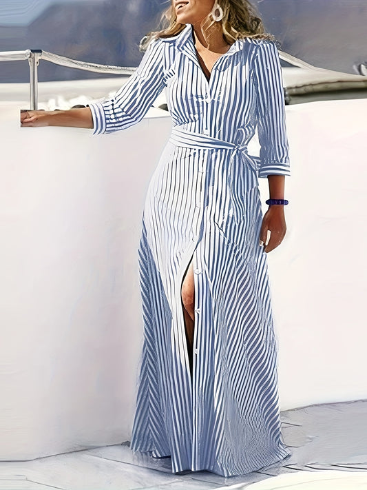 Chic Striped Long Sleeve Belted Maxi Shirt Dress - Elegant, Comfortable, and Versatile for Spring & Fall Seasons - Women's Clothing for Everyday Wear