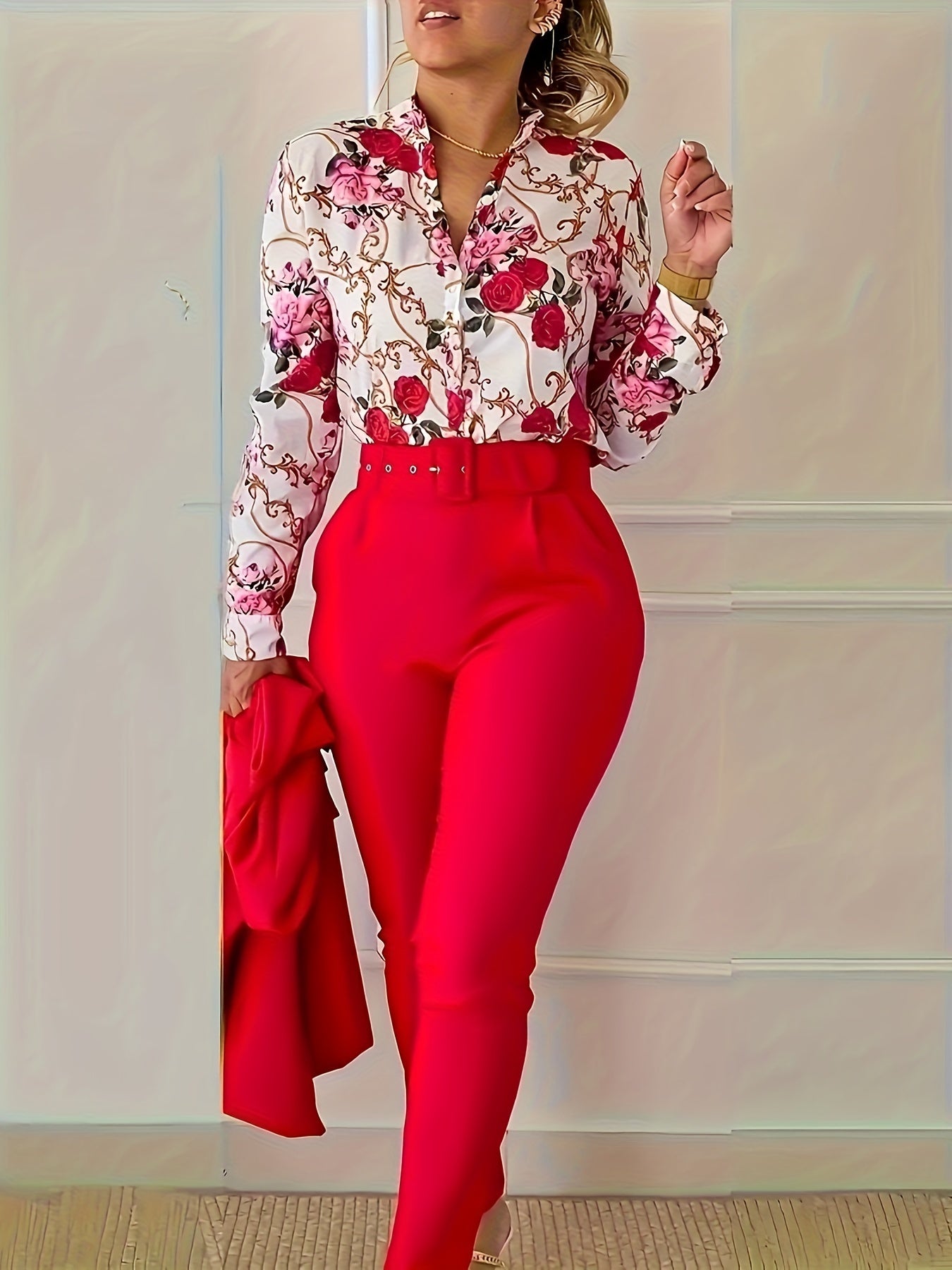 Stunning Two-Piece Floral Outfit - V Neck Long Sleeve Blouse with Ruffled Hem and Solid Belted Tapered Pants for Women - Elegant, Comfortable, and Versatile Clothing for Daily Wear