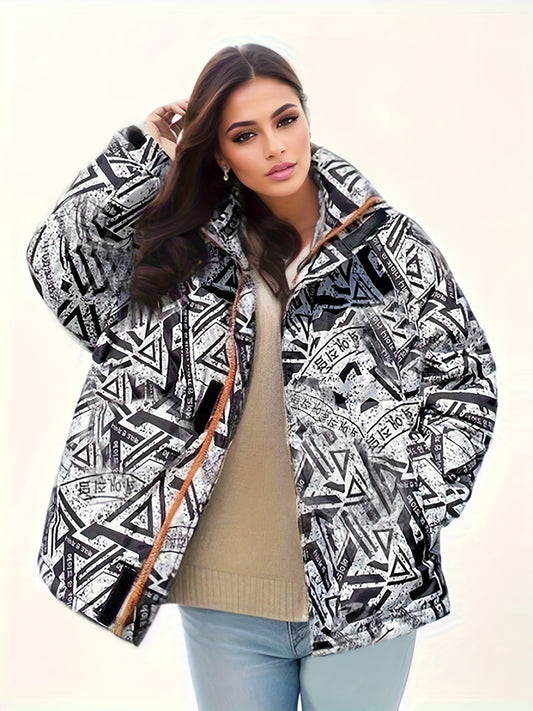 Geo Print Zip Up Parka, Casual High Neck Long Sleeve Winter Warm Outerwear, Women's Clothing