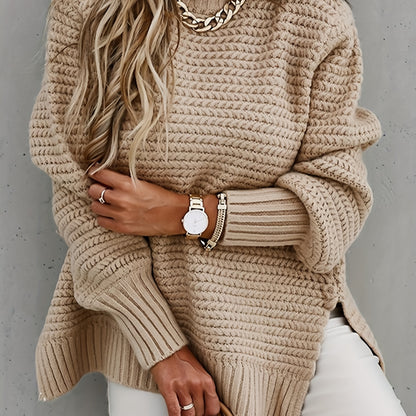 Women's Elegant Long Sleeve High-Low Hem Mock Neck Sweater - Soft, Cozy, and Versatile for Fall & Winter - Perfect for Casual Daily Wear, Outdoor Activities, and Office Work