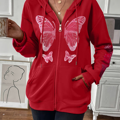 Womens Butterfly Print Zip-up Hoodie Jacket with Drawstring - Stylish Long Sleeve, Slant Pockets for Casual Chic - Adjustable Fit, Perfect for Everyday Wear