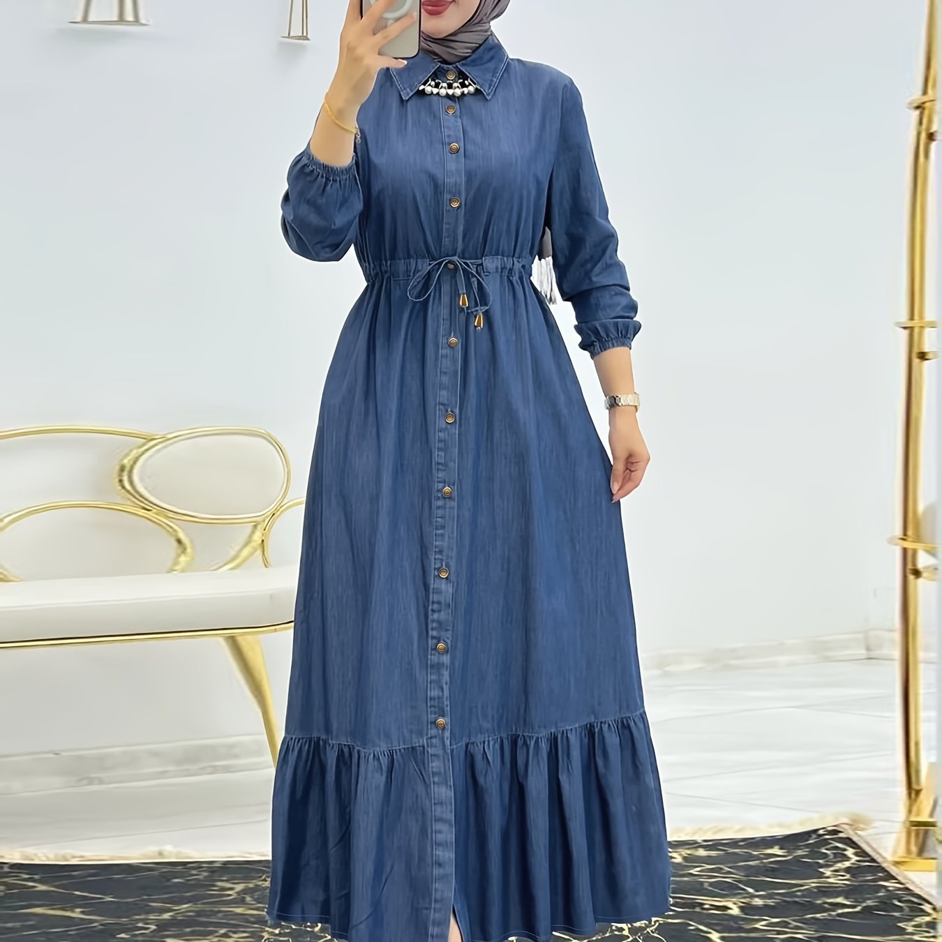 Ramadan Solid Button Front Kaftan, Casual Long Sleeve Ruffle Hem Dress Without Hijab, Women's Clothing