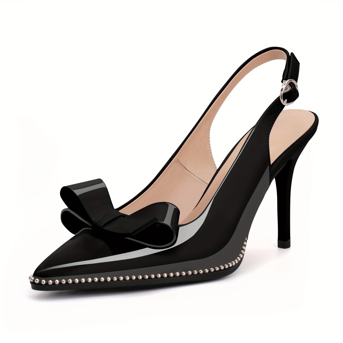 Sultry Stiletto Pumps - Bead Buckle Strap, Closed Pointed Toe, Sexy Slingbacks, High Heels, Bow Accent, Dress Shoes for Women - Perfect for Formal Occasions and Night Out