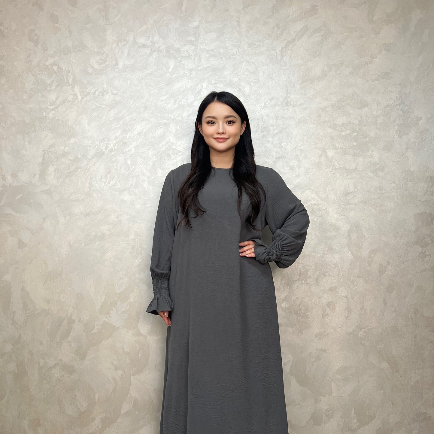 Luxurious Shirred Trim Lantern Sleeve Maxi Dress - Elegant Solid Color, Simple Loose Fit, Modest Chic, Women's Clothing for All Seasons