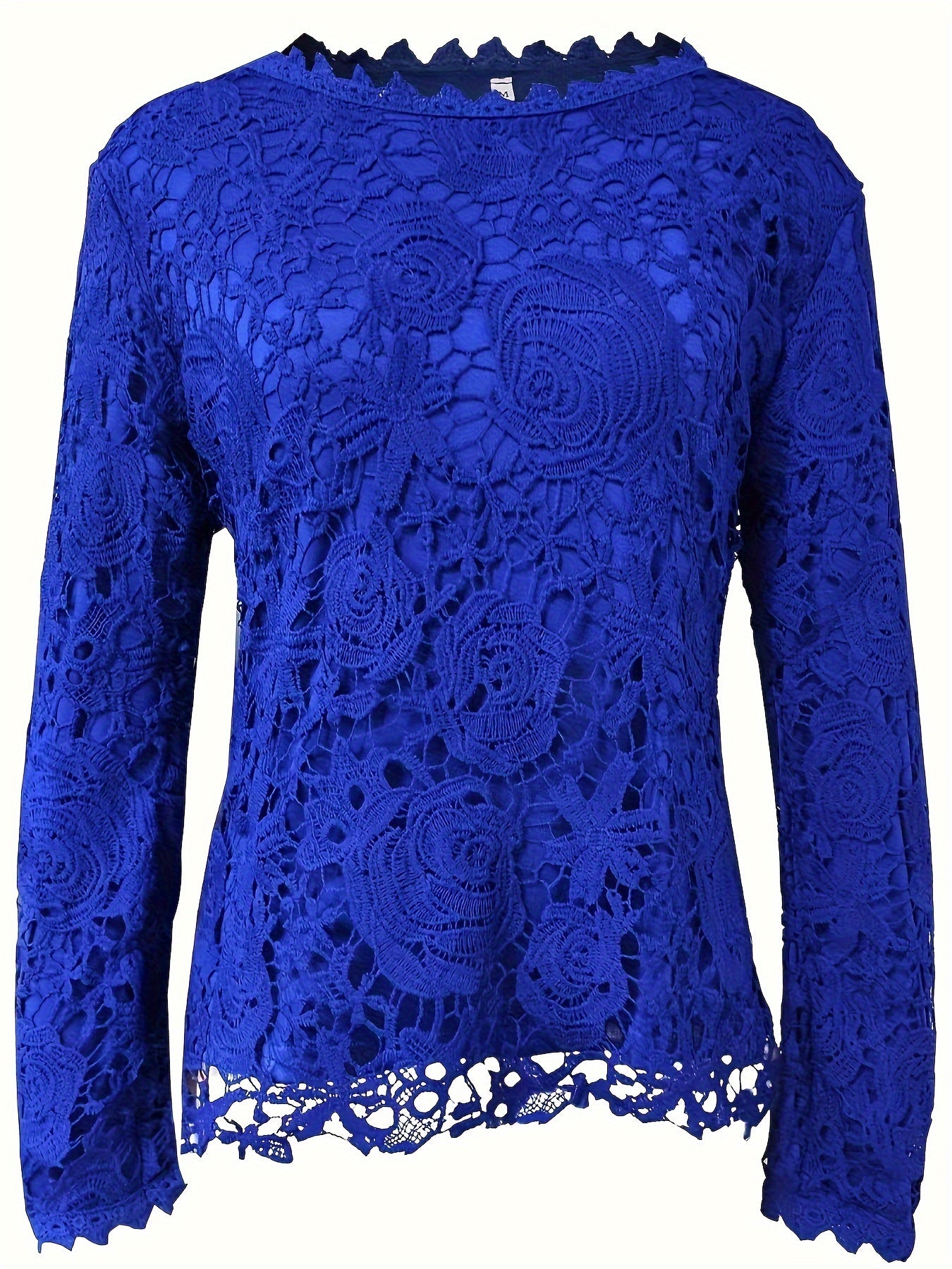 Elegant Floral Lace Crew Neck Blouse - Semi-Sheer Stretch Top for Spring/Fall, Women's Long Sleeve Feminine Top with Contrast Collar