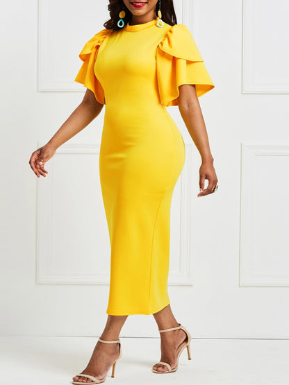 Long Sleeve Ruffle Midi Dress - Elegant Fitted Bodycon Dress for Women, Polyester Knit Fabric, Solid Color, Crew Neck, Short Ruffle Sleeve, No Belt, Perfect for Spring and Summer Elegant Dressing