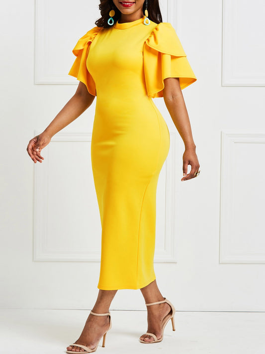 Long Sleeve Ruffle Midi Dress - Elegant Fitted Bodycon Dress for Women, Polyester Knit Fabric, Solid Color, Crew Neck, Short Ruffle Sleeve, No Belt, Perfect for Spring and Summer Elegant Dressing