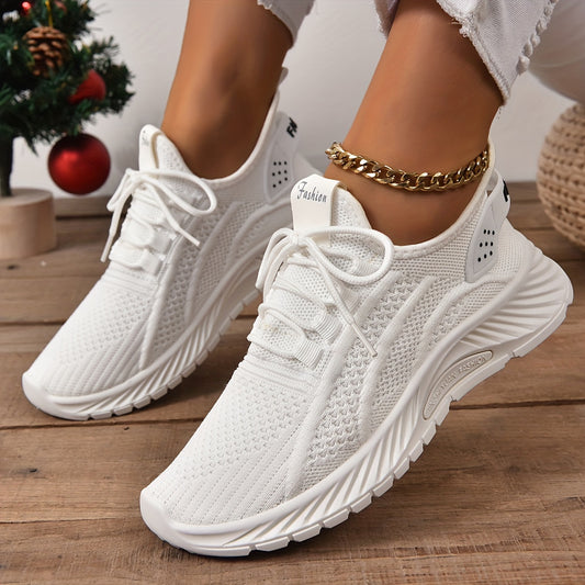 Women's Knitted Sports Shoes, Lightweight Lace Up Low Top Running & Tennis Sneakers, Breathable Gym Trainers for Holiday