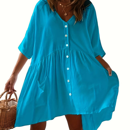 Chic Solid Color Loose-Fitting Dress - Versatile Button Front & Pockets - Perfect Half Sleeve Vacation Wear Coverup for Beach Days