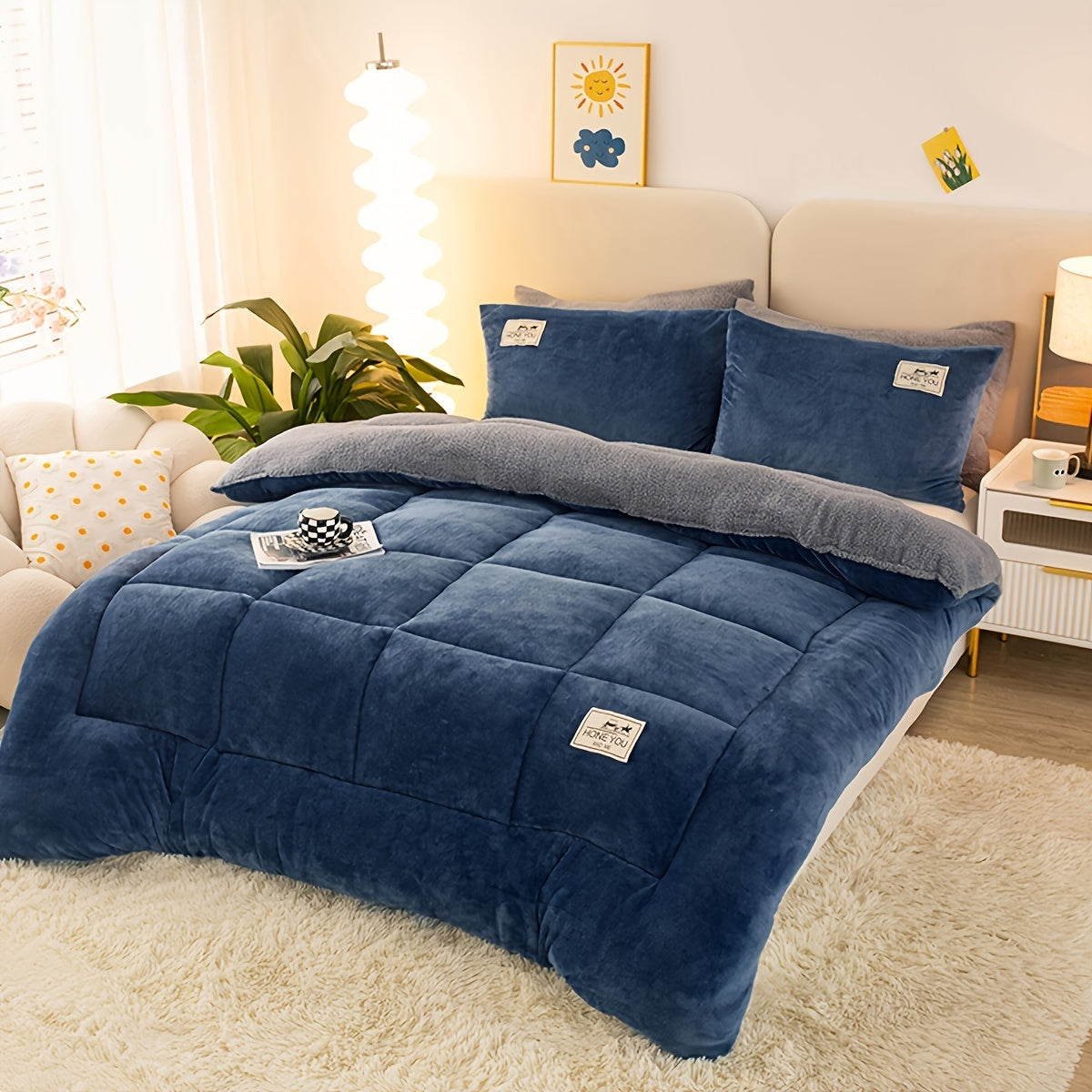 1pc Velvet Sherpa Comforter Insert - All Season Bread Grid Quilted Ultra Soft Breathable Comforter, Machine Washable Bedroom Warm Autumn And Winter Comforter