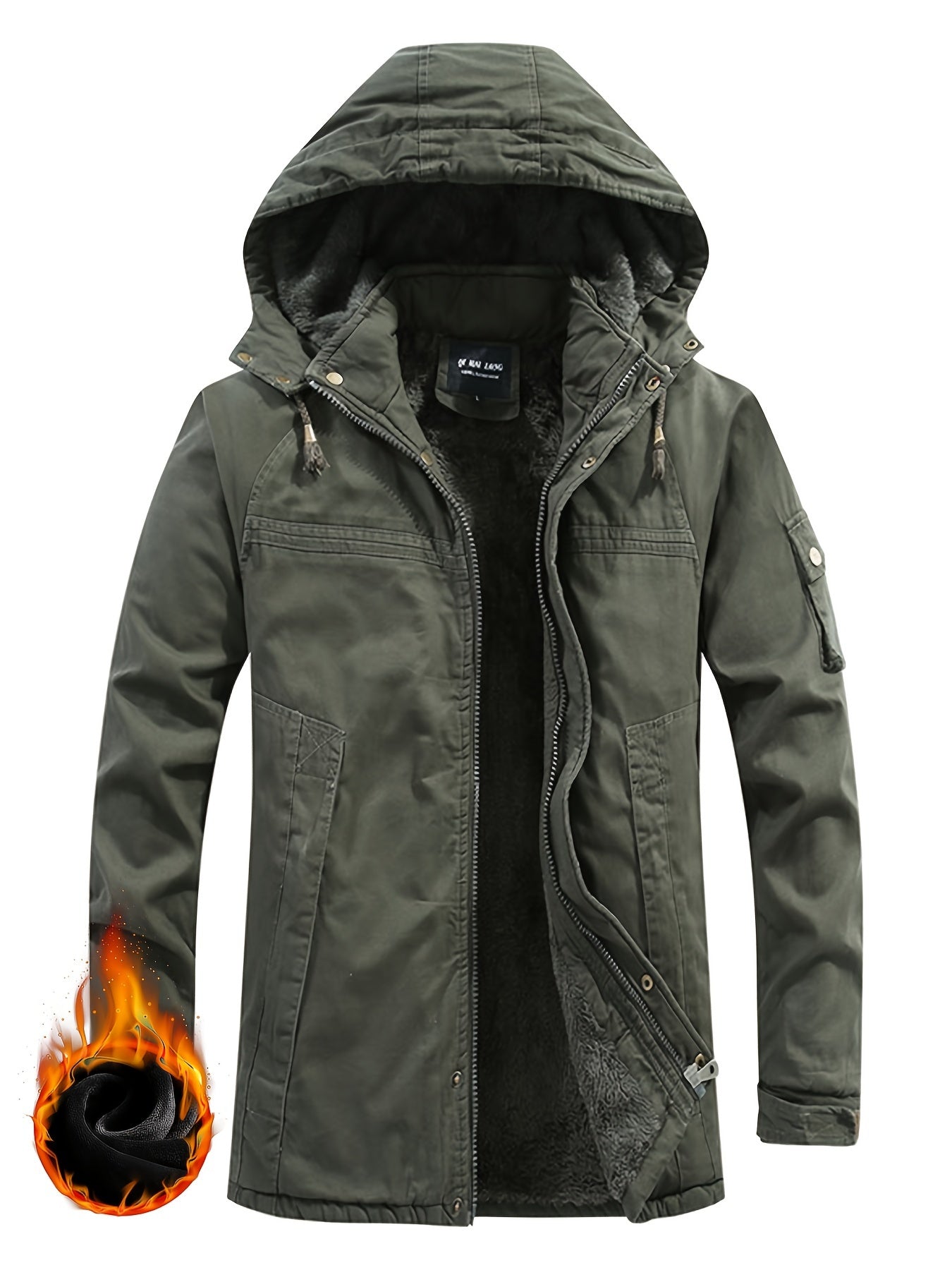 Men's Winter Hooded Jacket With Removable Hood And Fleece Lining - Warm Thickened Outdoor Work Jacket With Pockets