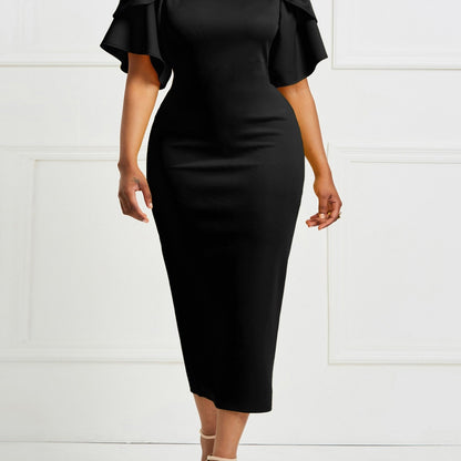 Long Sleeve Ruffle Midi Dress - Elegant Fitted Bodycon Dress for Women, Polyester Knit Fabric, Solid Color, Crew Neck, Short Ruffle Sleeve, No Belt, Perfect for Spring and Summer Elegant Dressing