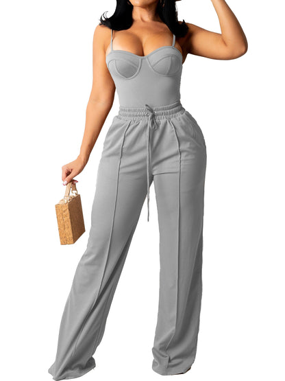 Summer Chic Pantsuit Set - Women's Solid Color Casual Outfit with Cami Top & Drawstring Pants - Comfortable, Breathable, and Versatile Clothing for Warm Weather