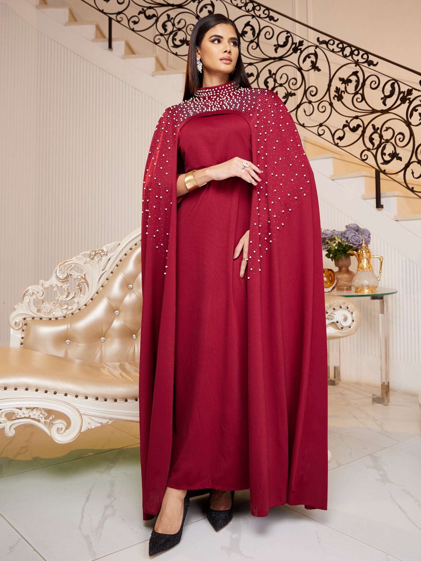 Chic Solid Beaded Womens Clothing Set - Mock Neck Keyhole Maxi Dress with Flowing Cloak - Versatile & Elegant Outfit for Special Occasions