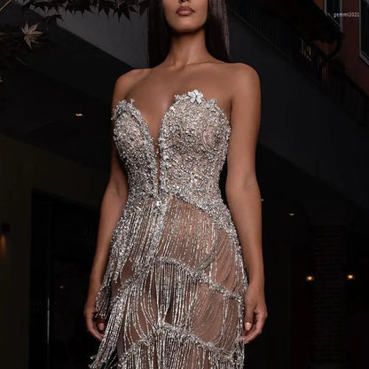 Casual Dresses Party Women Evening Elegangt Tassel Dress Sexy Sleeveless Backless Strapless Sling Mesh Prom Fringe Sequin