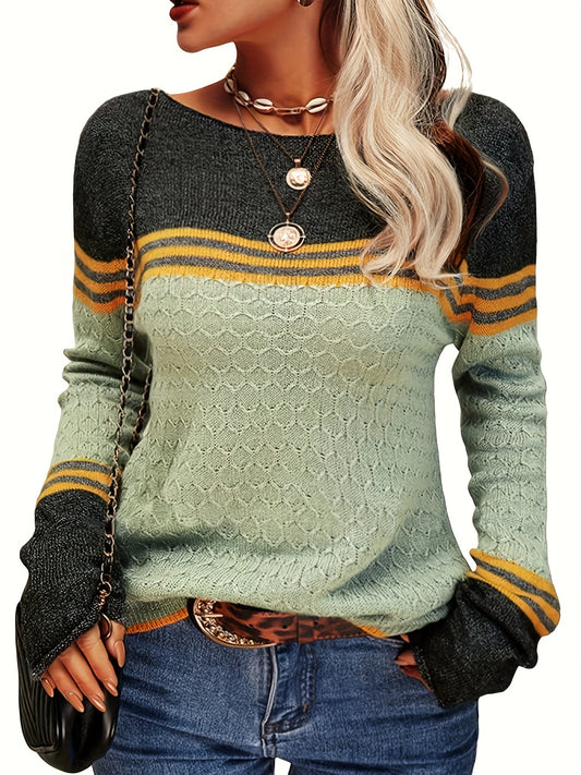 Cozy Autumn Winter Colorblock Pullover Sweater - Round Neck, Striped, Slim Fitting, Soft Knitwear Top for Women - Perfect for Casual Daily Wear, Outdoor Activities, and Layering Under Jackets