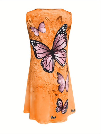 Vibrant Butterfly Print Sleeveless Casual Crew Neck Tank Dress - Soft Mid-Elasticity Polyester Fabric, Semi-Sheer, Customized Style for Women - Perfect for Spring and Summer Seasons