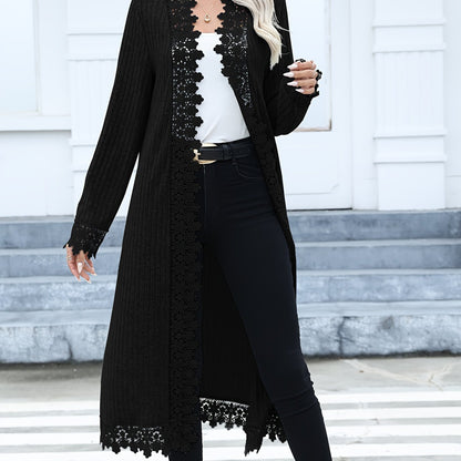 Ribbed Open Front Knitted Cardigan, Casual Lace Trim Long Sleeve Cardigan, Women's Clothing