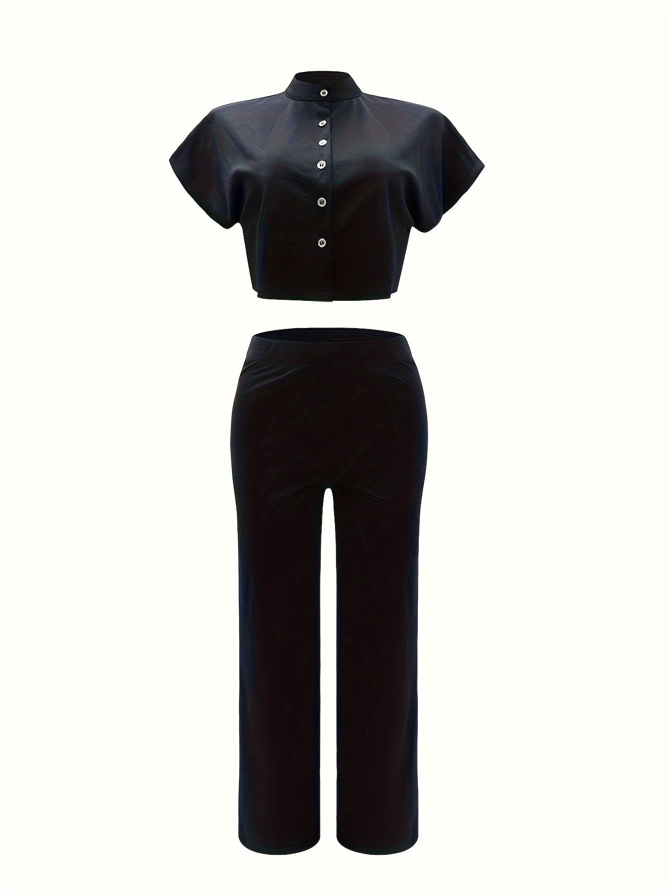 Stylish Two-Piece Pantsuit Set - Solid Casual Button Front Short Sleeve Top & Pants Outfits for Women - Comfortable, Versatile, and Chic Clothing for Everyday Wear