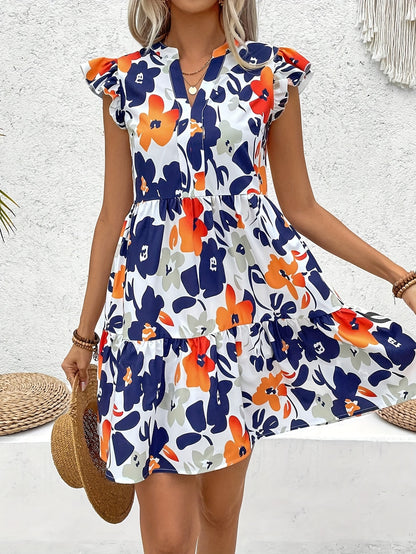 Vibrant Floral Print A-Line Dress - Notch Neck, Flutter Sleeve, Casual Chic, Spring & Summer Essential, Women's Clothing for Everyday Wear