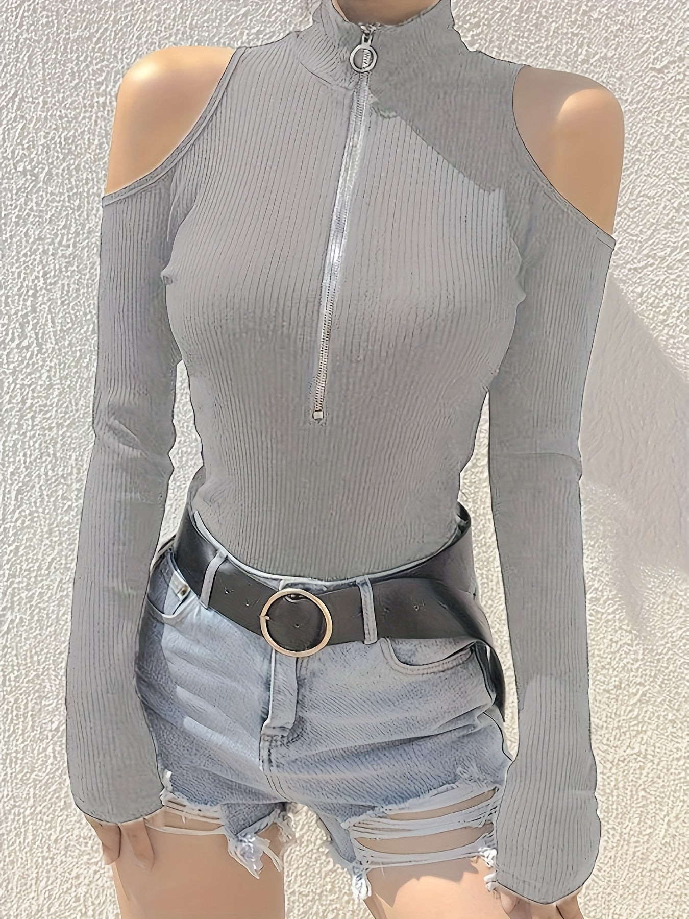 Vibrant Ribbed T-Shirt - Soft Mock Neck, Cold Shoulder, Long Sleeve, Zip Front, Casual Chic Style - Perfect for Spring and Fall, Women's Clothing, Versatile Wardrobe Essential