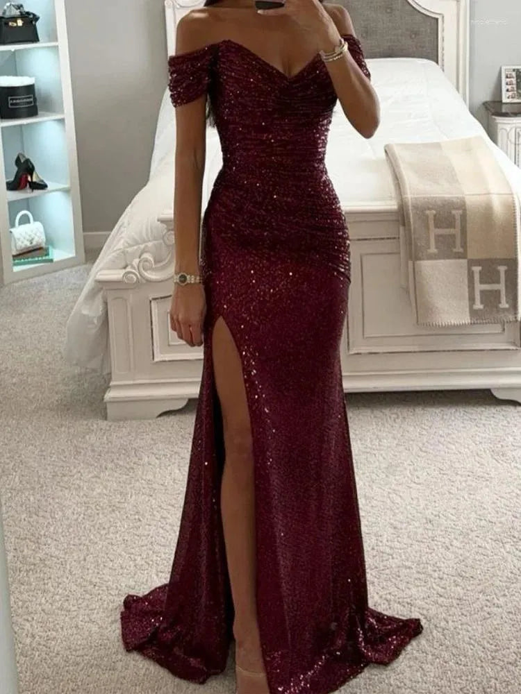 Casual Dresses Evening Women Party Sequin Long Dress Ladies Prom Fashion Off Shoulder Female Elegant Sexy Slash Neck Vestidos