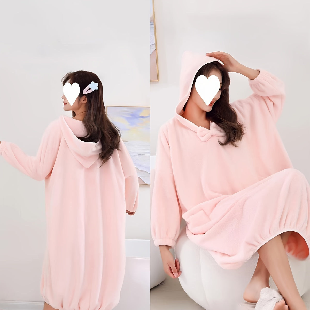 Ultra-Soft Coral Fleece Hooded Bathrobe for Women - Thick, Absorbent, and Warm Long Sleeve Robe with Pockets - Perfect for Autumn & Winter