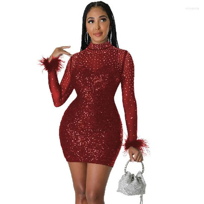 Casual Dresses Znaiml  Elegant Sparkly Sequins Sheer Mesh Patchwork Rhinestones Party For Women Prom Long Sleeve Bodycon Mini Dress