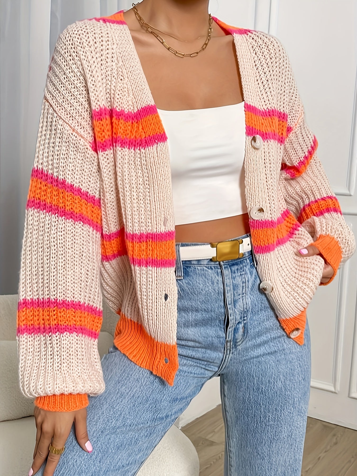 Stylish Color Block Button Down Knit Cardigan - Women's Casual Long Sleeve V Neck Sweater for Spring & Fall - Soft, Cozy, and Versatile Cardigans with Relaxed Fit