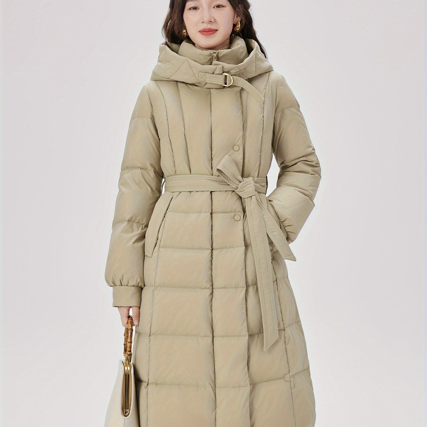 Mid Length Hooded Warm Coat, Elegant Long Sleeve Winter Outerwear, Women's Clothing