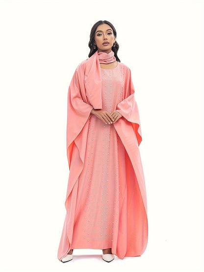 Rhinestoned Crew Neck Modest Maxi Dress - Elegant Batwing Sleeves, Polyester Fabric, Solid Color, No Elasticity, Spring/Summer Casual Wear - Includes Scarf, Womens Loose Fit Clothing