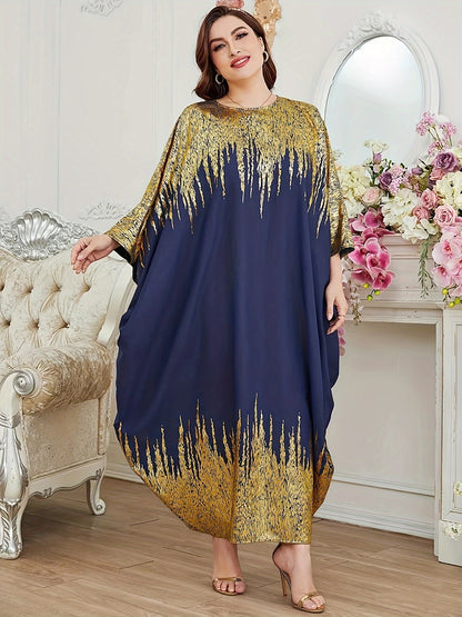 Elegant Batwing Sleeve Kaftan - Color Block Design, Flowy Maxi Dress for Women, Perfect for Ramadan