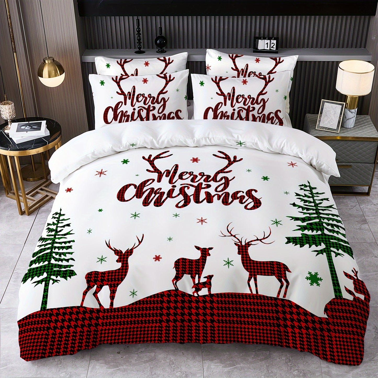 Cozy Christmas Reindeer 2/3pcs Duvet Cover Set - Soft & Breathable Polyester, Perfect for All Seasons - Includes 1 Duvet Cover & 1/2 Pillowcases (Comforter & Pillows Not Included) - Ideal for Bedrooms, Guest Houses & Dorms