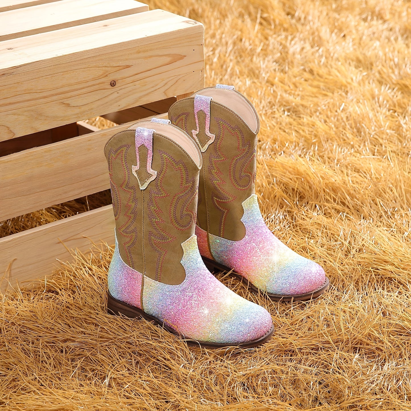 Girls Trendy Cool Cowgirl Boots, Cute Shiny Sequin Dress Boots For Party Holiday Performance