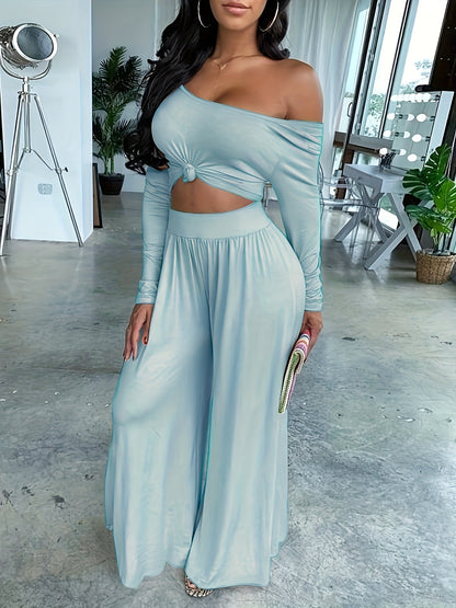 All-Season Chic Women's Leisure Set: Durable Wide-Leg Pants & Comfy Crop Top in Solid Color, Perfect for Vacation & Beyond