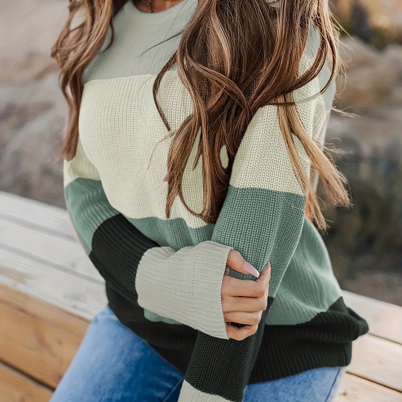 Vibrant Striped Knitwear Top - Soft Crew Neck Long Sleeve Pullover Sweater with Color Block Design, Relaxed Fit, and Cozy Fabric - Women's Casual Wear for Everyday Comfort