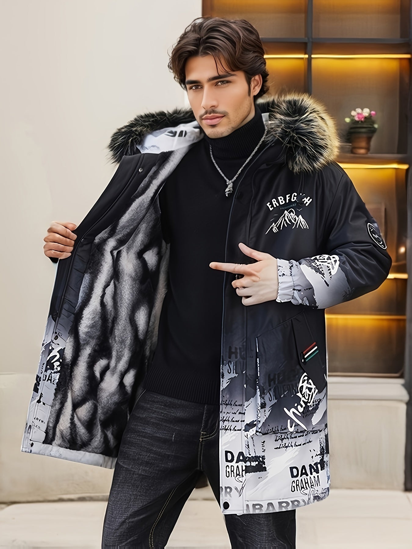 Mens Fashionable Mountain Print Hooded Jacket - Cozy, Insulated & Thick - Premium Fleece Lined for Chic Fall Winter Style - All-Season Warmth