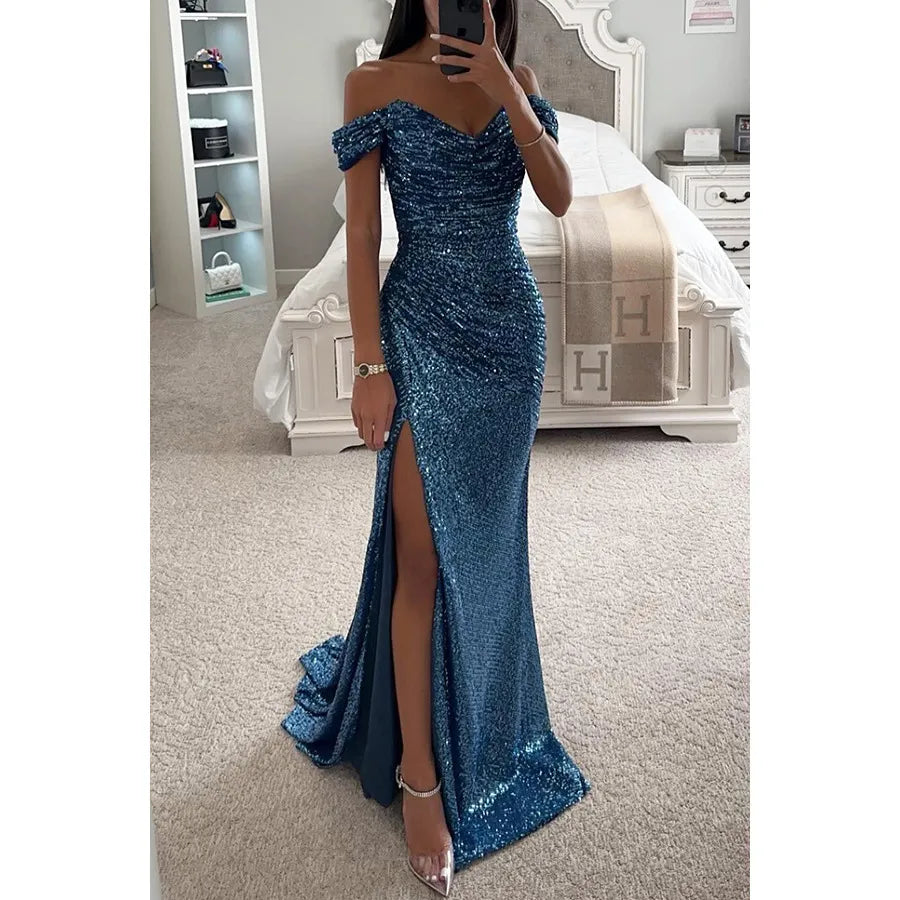 Casual Dresses Women's Sexy Strapless Sequins Evening Prom Dress Chic Off Shoulder High Slits Sparkling Party Maxi Female Bridemaid Birthday Dress