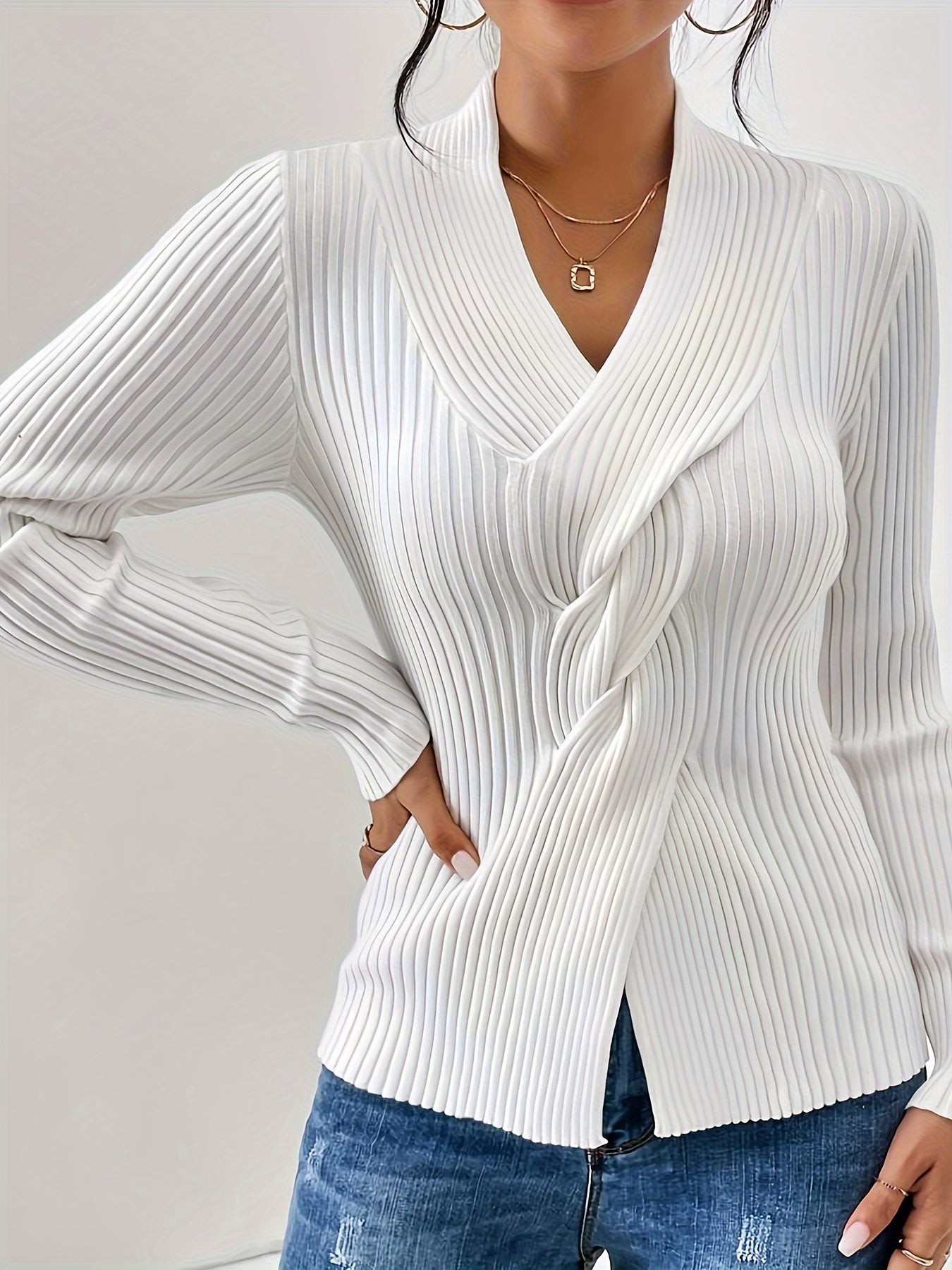 Twist V Neck Ribbed Sweater - Soft, Elegant, Slim Fit, Long Sleeve, Fall and Winter Essential - Women's Clothing for Everyday Wear