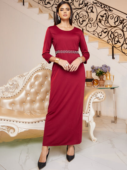 Chic Solid Beaded Womens Clothing Set - Mock Neck Keyhole Maxi Dress with Flowing Cloak - Versatile & Elegant Outfit for Special Occasions